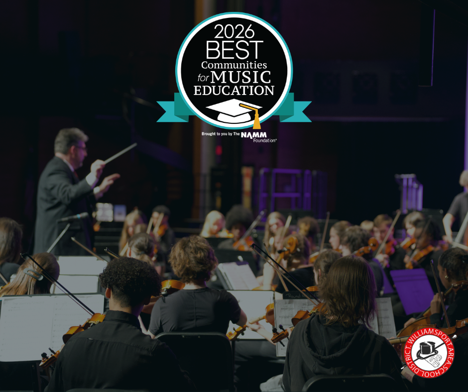 A photo of the 9th grade orchestra with the BCME award logo. 