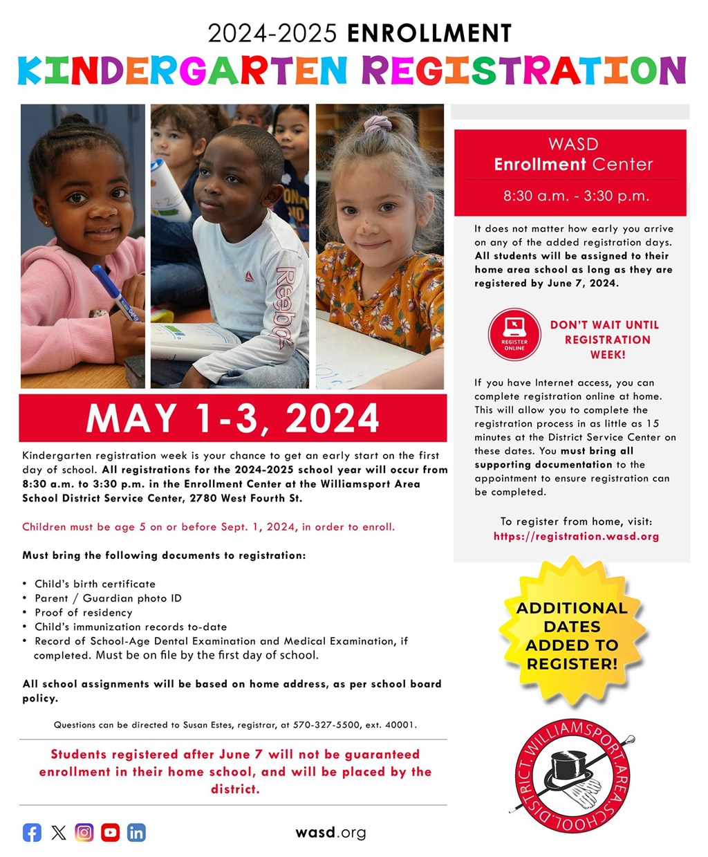 A flyer detailing information on th extended kindergarten registration period.