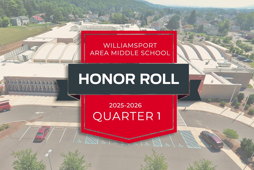The 2025-2026 honor roll badge for Q1 overlaying a photo of the WAMS campus.