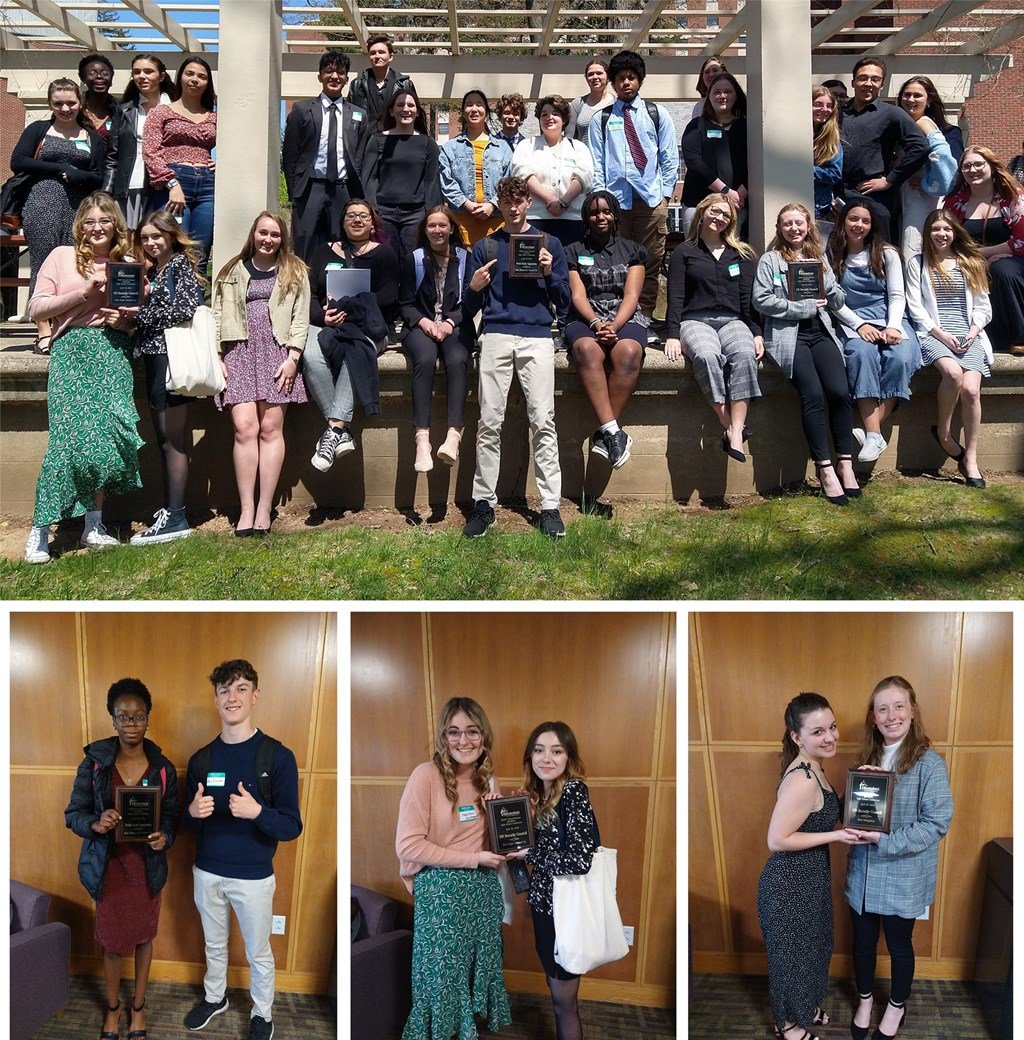 A grid of photos showcasing students holding their plaques.