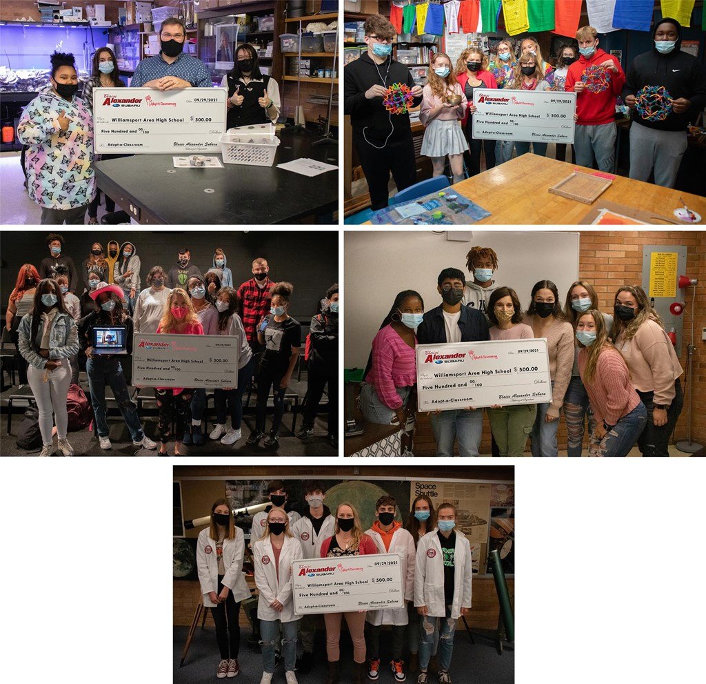 Grid photo of teachers holding up a giant check.