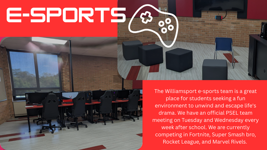 a red background with 2 pictures of a room with computers and TV. 