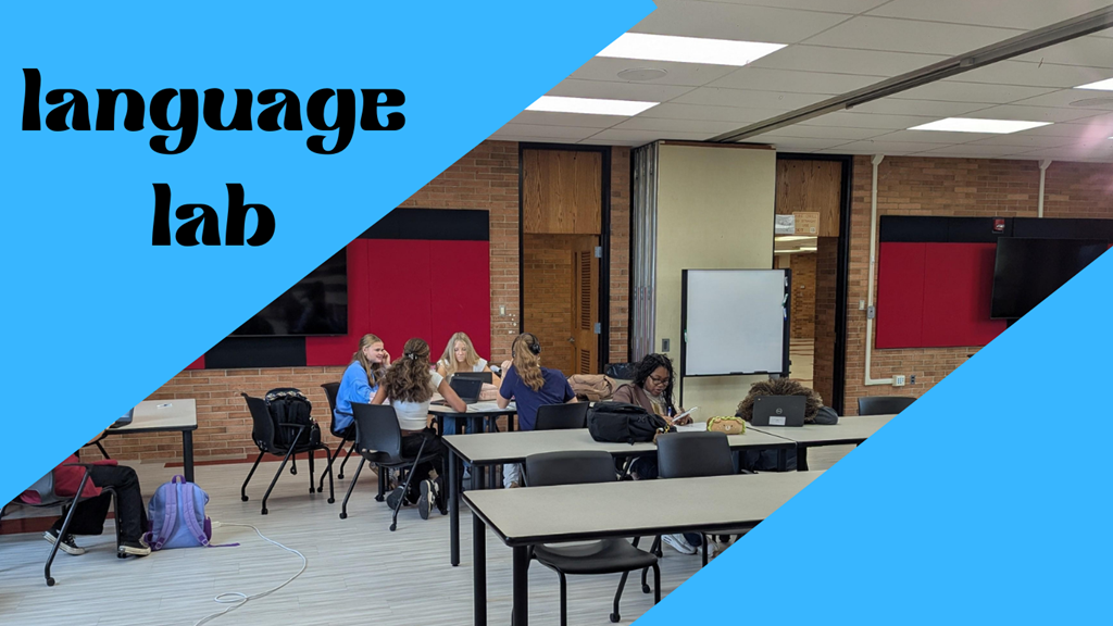 a picture of kids on computers with the words language lab in big letter at the top